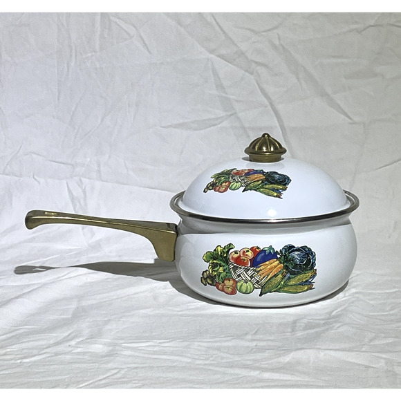 Vintage Other - Vintage Garden Harvest Saucepan Enamel with Lid Brass Handles 6.25 In Grannycore